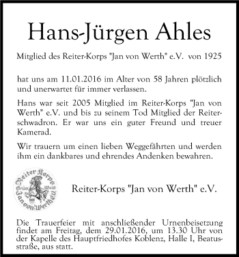Anzeige von Hans-Jürgen Ahles von Kölner Stadt-Anzeiger / Kölnische Rundschau / Express