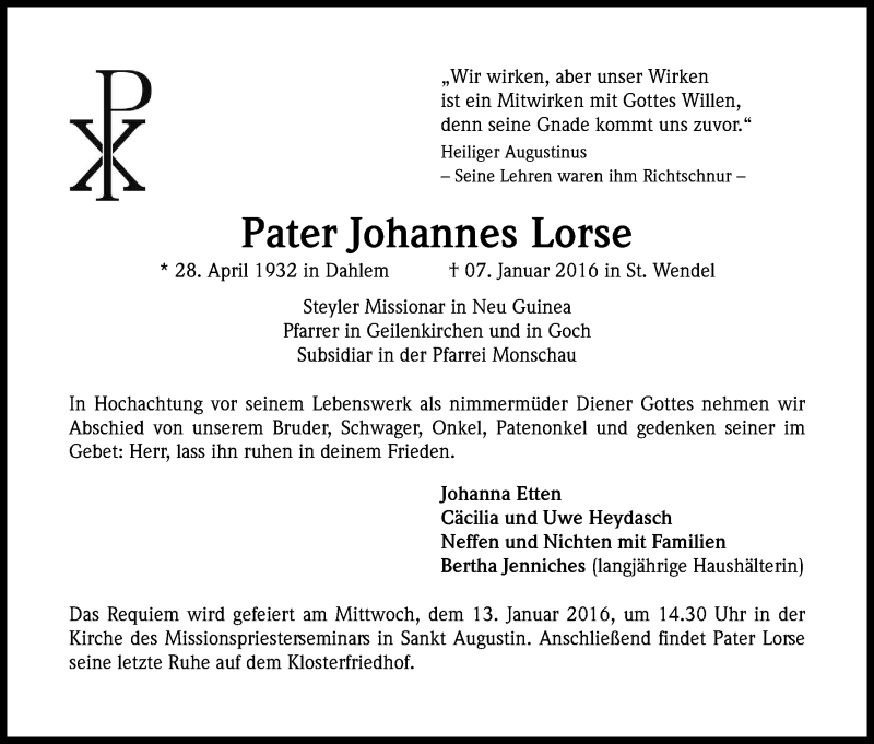  Traueranzeige für Johannes Lorse vom 11.01.2016 aus Kölner Stadt-Anzeiger / Kölnische Rundschau / Express