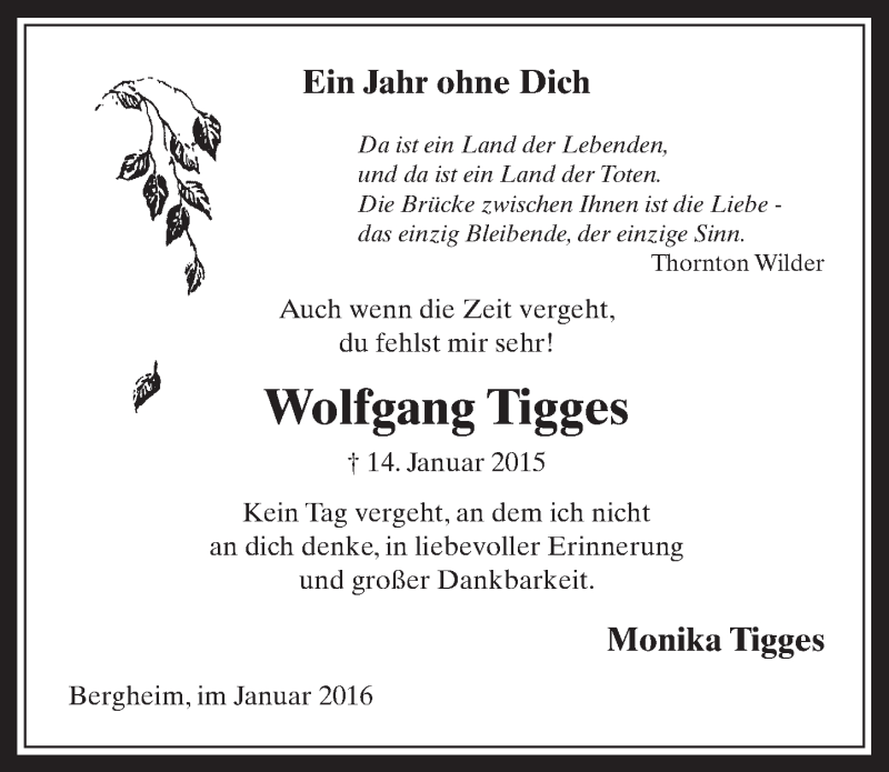  Traueranzeige für Wolfgang Tigges vom 13.01.2016 aus  Werbepost 