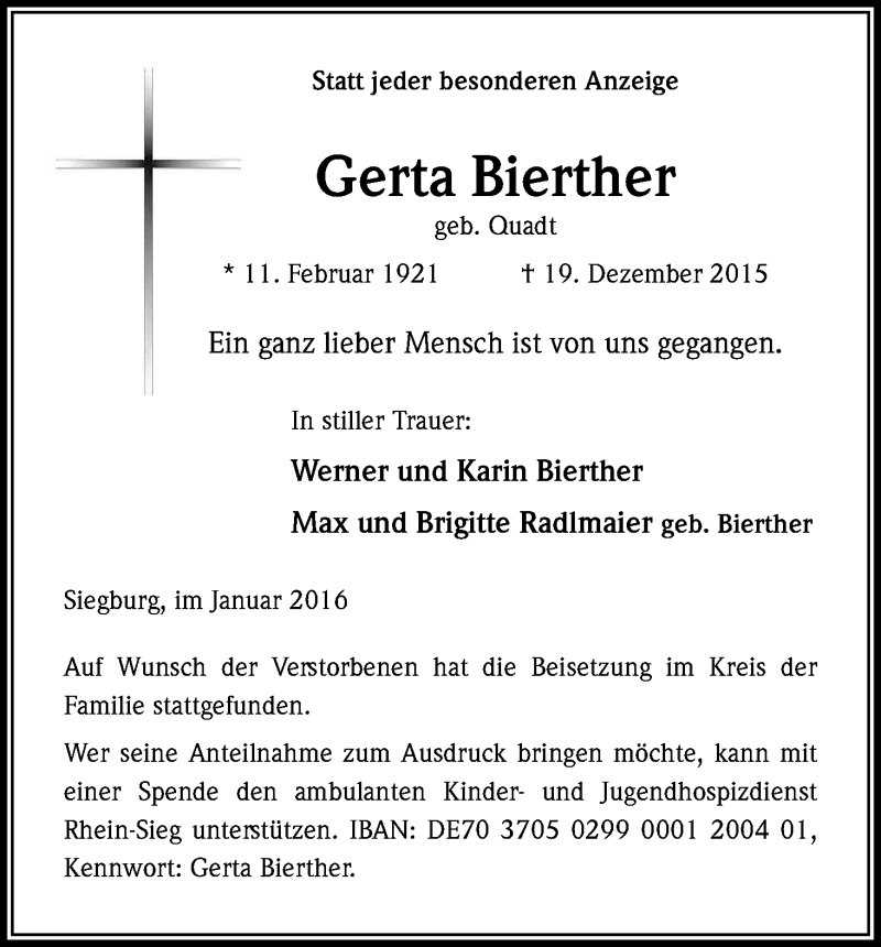  Traueranzeige für Gerta Bierther vom 06.01.2016 aus Kölner Stadt-Anzeiger / Kölnische Rundschau / Express