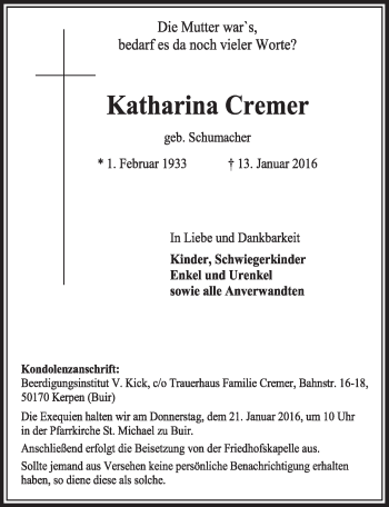 Anzeige von Katharina Cremer von  Sonntags-Post 