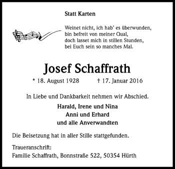 Anzeige von Josef Schaffrath von Kölner Stadt-Anzeiger / Kölnische Rundschau / Express