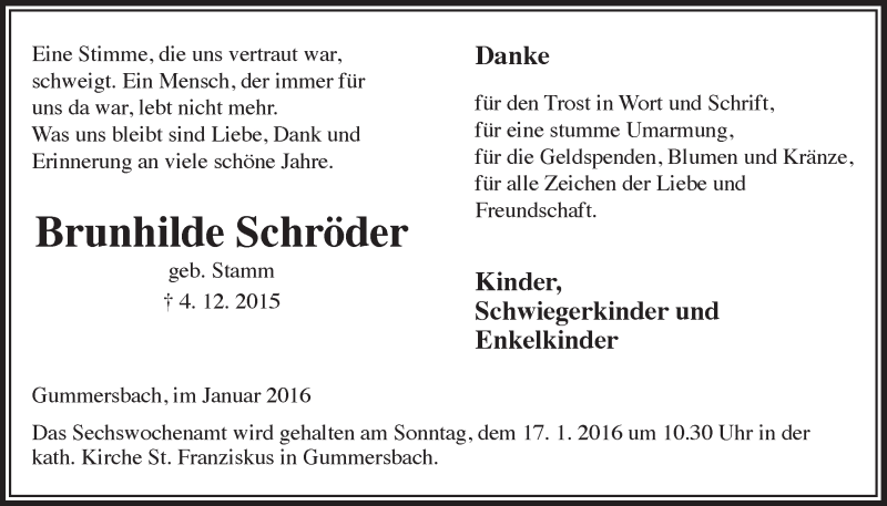  Traueranzeige für Brunhilde Schröder vom 13.01.2016 aus  Anzeigen Echo 