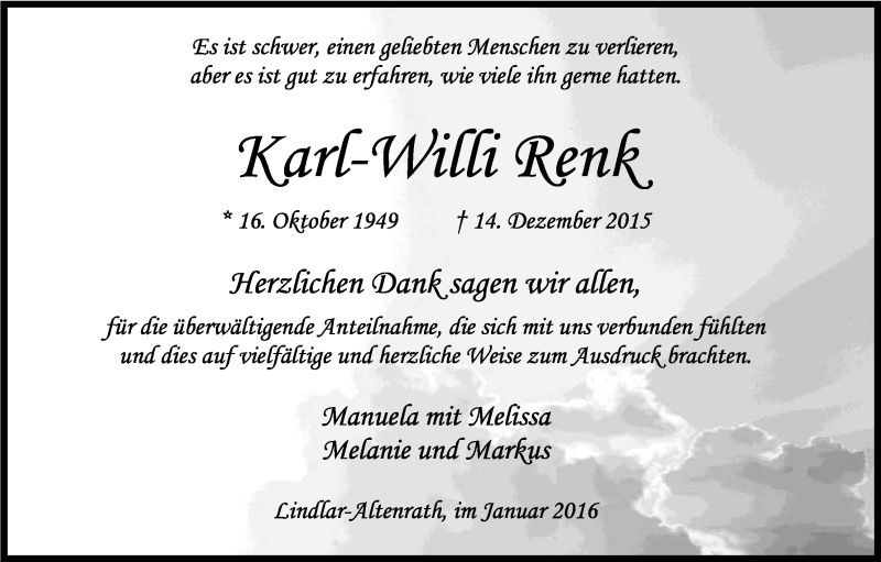  Traueranzeige für Karl-Willi Renk vom 23.01.2016 aus Kölner Stadt-Anzeiger / Kölnische Rundschau / Express