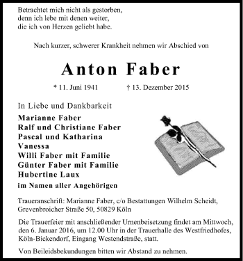 Anzeige von Anton Faber von Kölner Stadt-Anzeiger / Kölnische Rundschau / Express