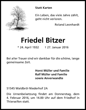 Anzeige von Friedel Bitzer von Kölner Stadt-Anzeiger / Kölnische Rundschau / Express