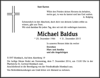 Anzeige von Michael Baldus von Kölner Stadt-Anzeiger / Kölnische Rundschau / Express
