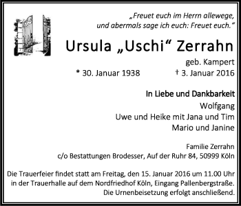 Anzeige von Ursula Zerrahn von Kölner Stadt-Anzeiger / Kölnische Rundschau / Express