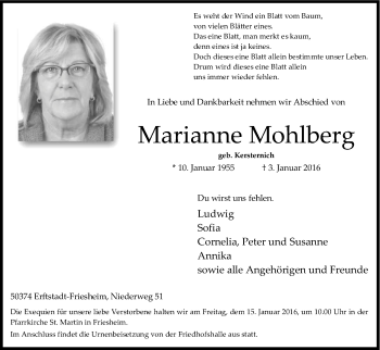 Anzeige von Marianne Mohlberg von Kölner Stadt-Anzeiger / Kölnische Rundschau / Express
