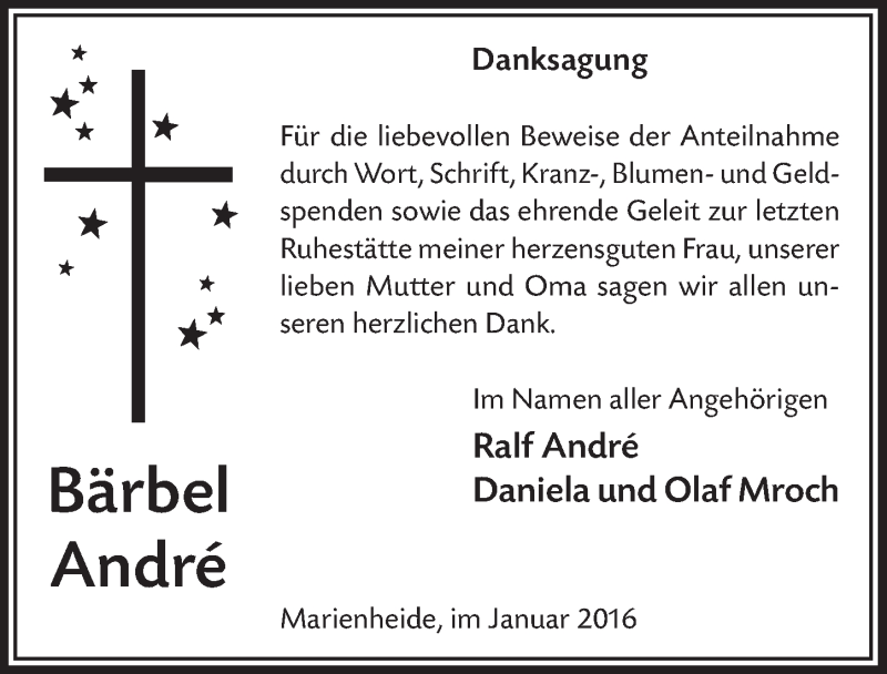  Traueranzeige für Bärbel André vom 13.01.2016 aus  Anzeigen Echo 