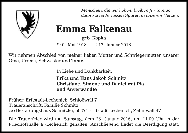  Traueranzeige für Emma Falkenau vom 20.01.2016 aus Kölner Stadt-Anzeiger / Kölnische Rundschau / Express
