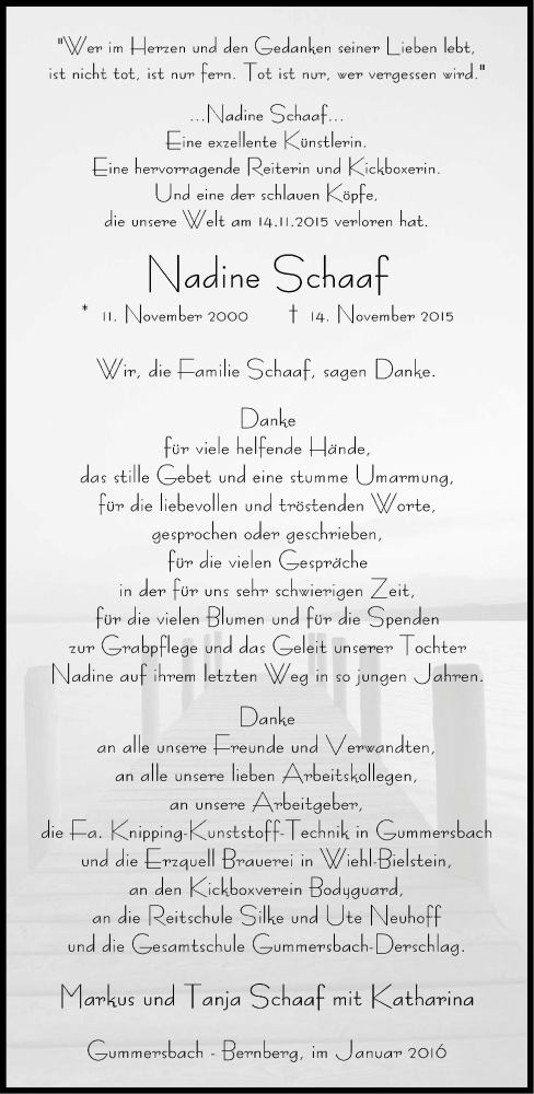  Traueranzeige für Nadine Schaaf vom 20.01.2016 aus Kölner Stadt-Anzeiger / Kölnische Rundschau / Express