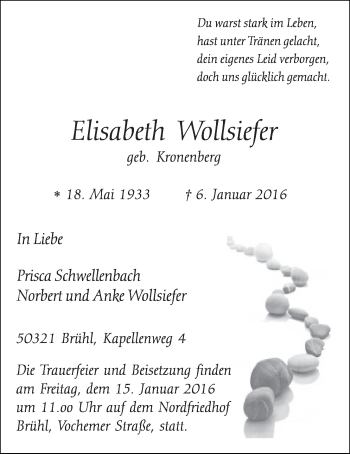 Anzeige von Elisabeth Wollsiefer von  Schlossbote/Werbekurier 