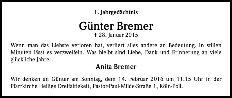  Traueranzeige für Günter Bremer vom 30.01.2016 aus Kölner Stadt-Anzeiger / Kölnische Rundschau / Express