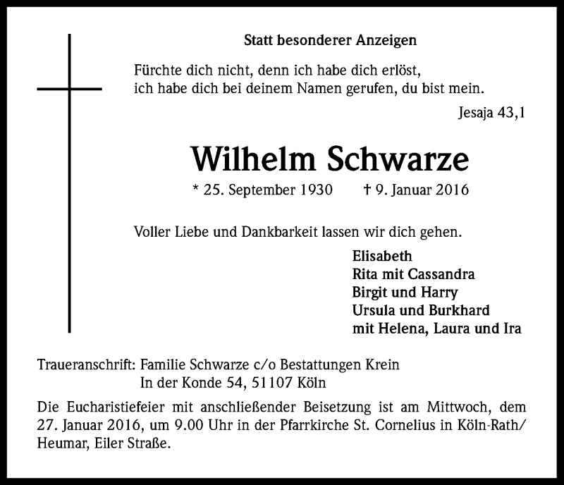  Traueranzeige für Wilhelm Schwarze vom 23.01.2016 aus Kölner Stadt-Anzeiger / Kölnische Rundschau / Express
