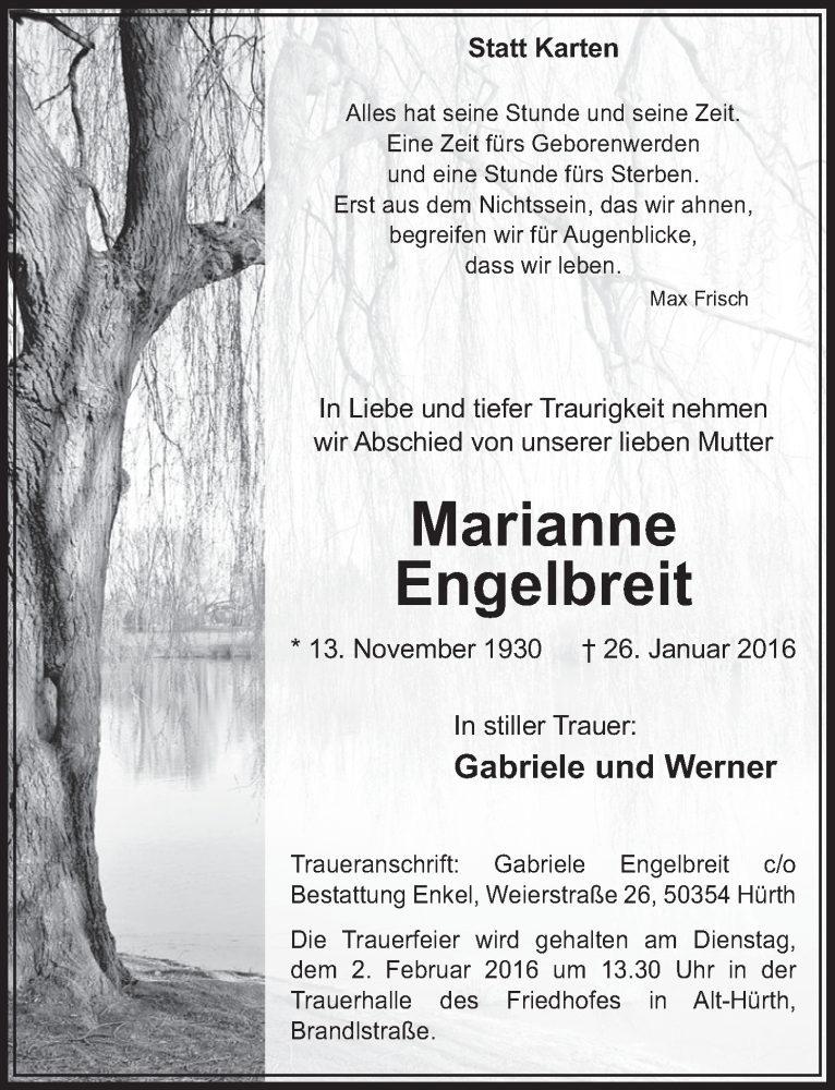  Traueranzeige für Marianne Engelbreit vom 30.01.2016 aus  Sonntags-Post 