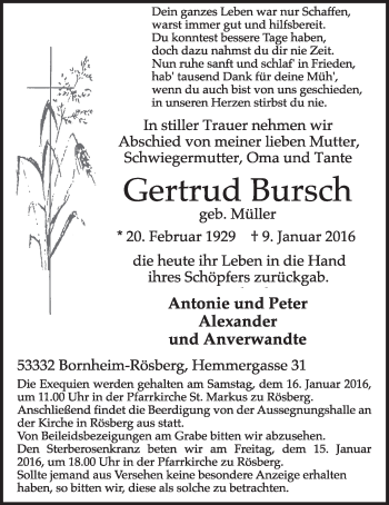 Anzeige von Gertrud Bursch von  Schlossbote/Werbekurier 