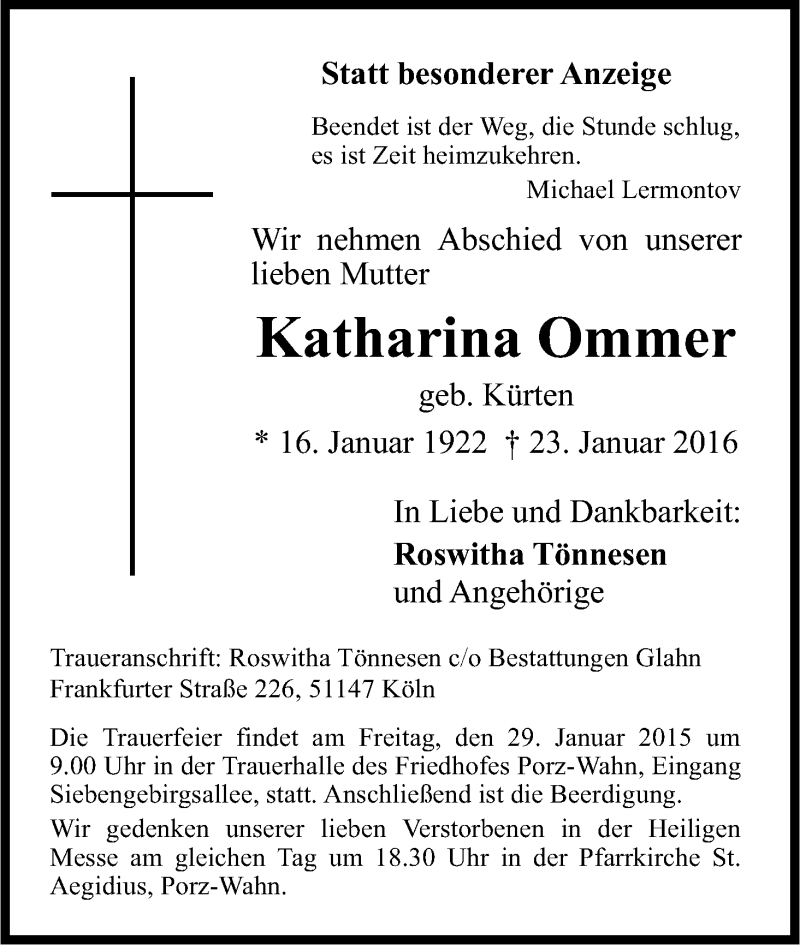  Traueranzeige für Katharina Ommer vom 27.01.2016 aus Kölner Stadt-Anzeiger / Kölnische Rundschau / Express