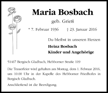 Anzeige von Maria Bosbach von Kölner Stadt-Anzeiger / Kölnische Rundschau / Express