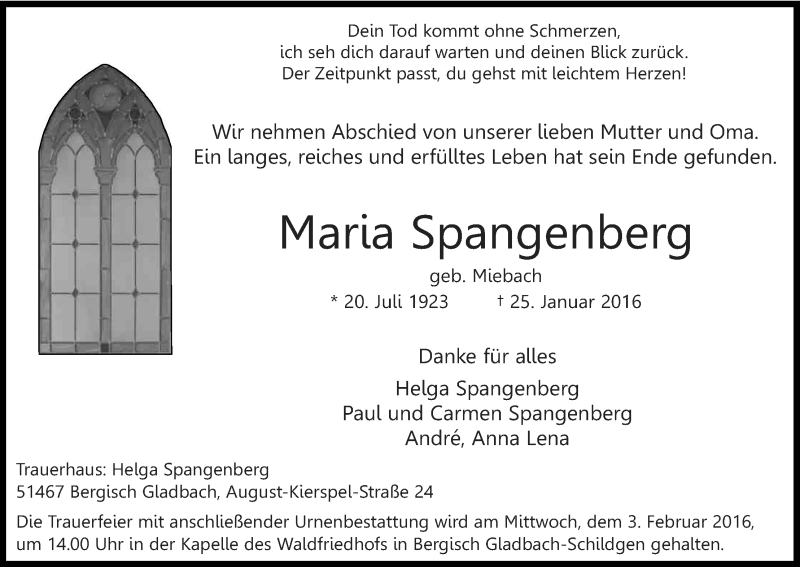 Traueranzeige für Maria Spangenberg vom 30.01.2016 aus Kölner Stadt-Anzeiger / Kölnische Rundschau / Express