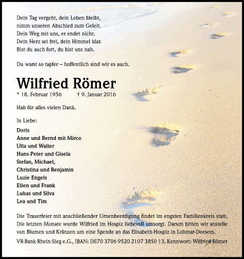 Anzeige von Wilfried Römer von Kölner Stadt-Anzeiger / Kölnische Rundschau / Express
