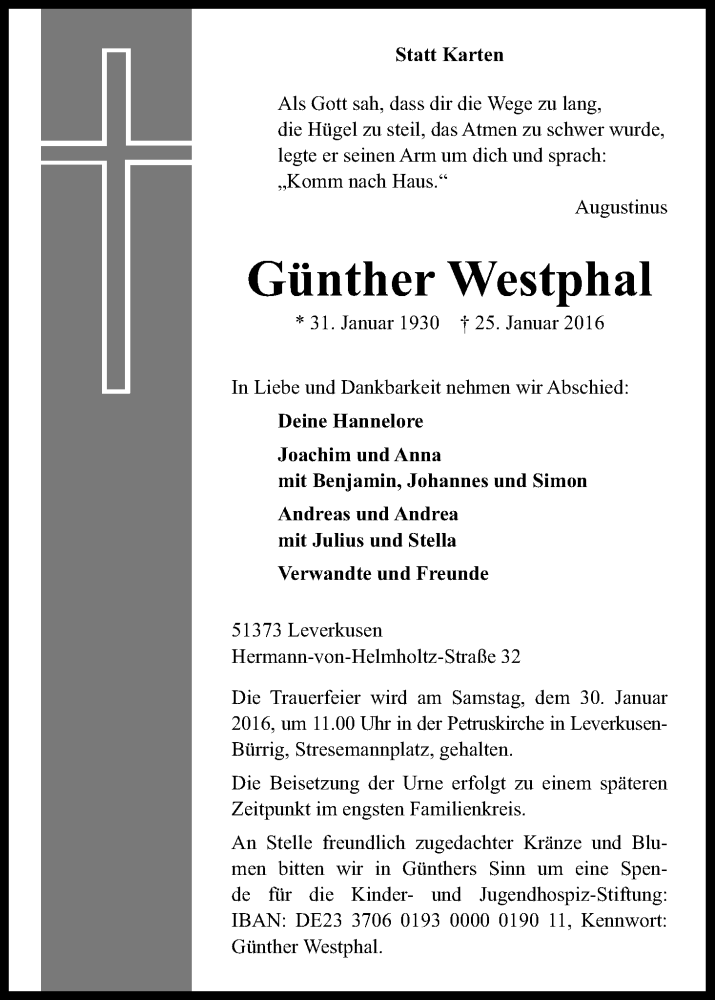  Traueranzeige für Günther Westphal vom 27.01.2016 aus Kölner Stadt-Anzeiger / Kölnische Rundschau / Express