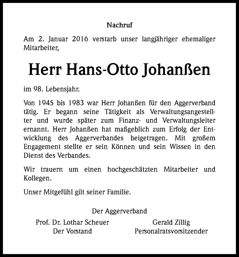  Traueranzeige für Hans-Otto Johanßen vom 13.01.2016 aus Kölner Stadt-Anzeiger / Kölnische Rundschau / Express