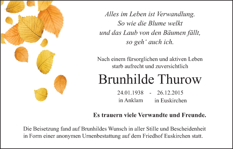  Traueranzeige für Brunhilde Thurow vom 10.01.2016 aus  Blickpunkt Euskirchen 