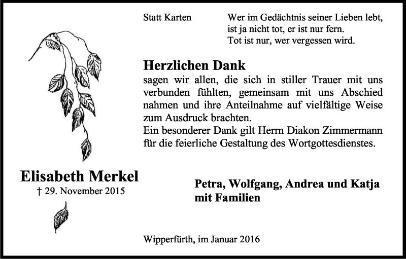  Traueranzeige für Elisabeth Merkel vom 16.01.2016 aus Kölner Stadt-Anzeiger / Kölnische Rundschau / Express