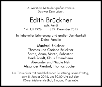 Anzeige von Edith Brückner von Kölner Stadt-Anzeiger / Kölnische Rundschau / Express