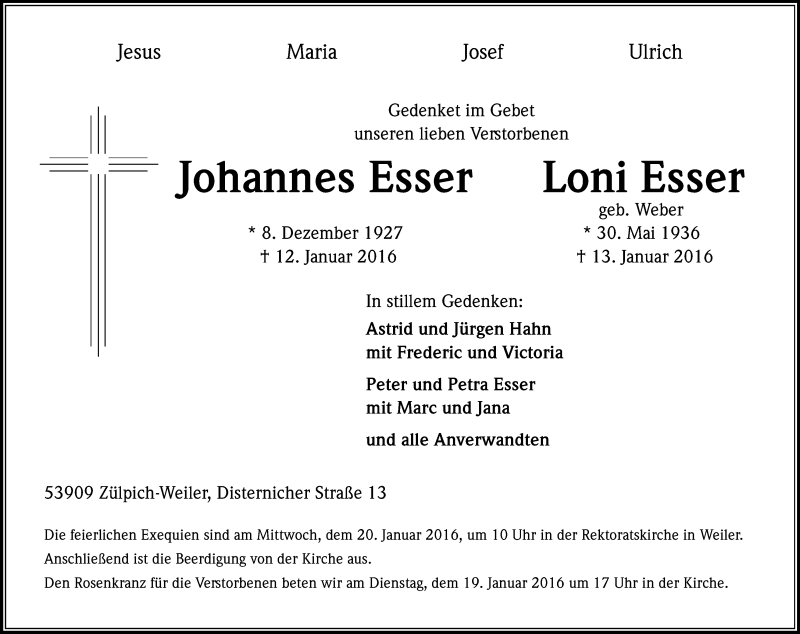  Traueranzeige für Johannes und Loni Esser vom 18.01.2016 aus Kölner Stadt-Anzeiger / Kölnische Rundschau / Express