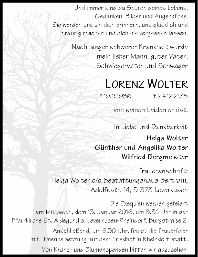  Traueranzeige für Lorenz Wolter vom 06.01.2016 aus Kölner Stadt-Anzeiger / Kölnische Rundschau / Express