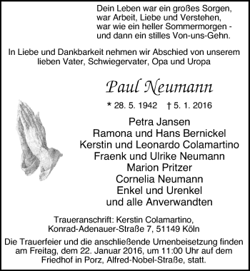 Anzeige von Paul Neumann von  Kölner Wochenspiegel 