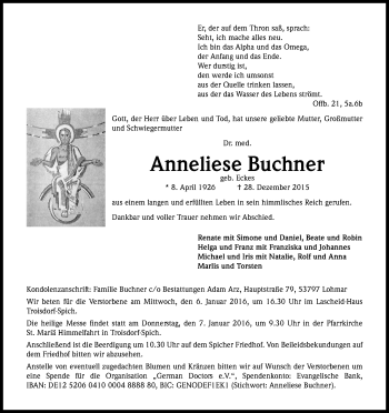 Anzeige von Anneliese Buchner von Kölner Stadt-Anzeiger / Kölnische Rundschau / Express