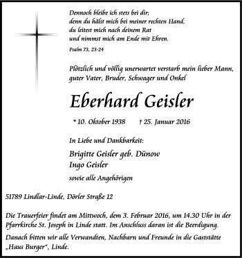 Anzeige von Eberhard Geisler von Kölner Stadt-Anzeiger / Kölnische Rundschau / Express