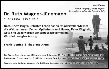 Anzeige von Ruth Wagner-Jünemann von Kölner Stadt-Anzeiger / Kölnische Rundschau / Express