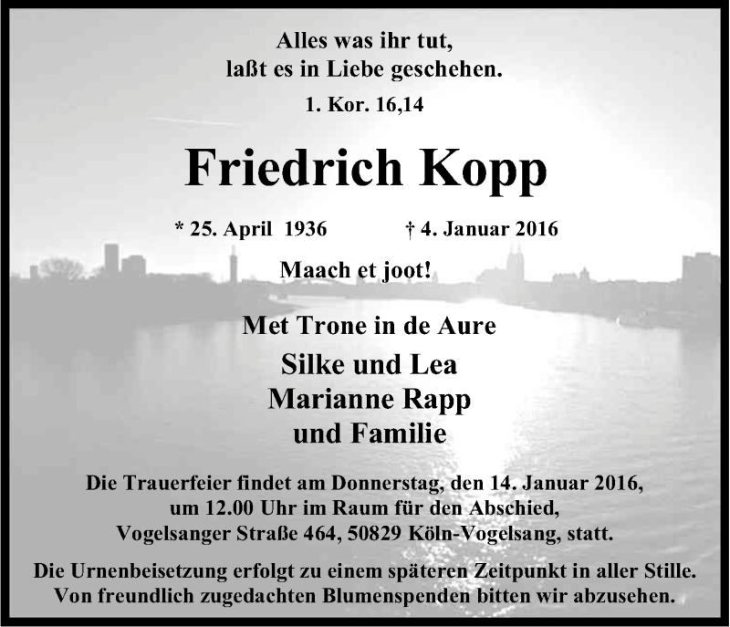  Traueranzeige für Friedrich Kopp vom 09.01.2016 aus Kölner Stadt-Anzeiger / Kölnische Rundschau / Express