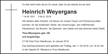 Anzeige von Heinrich Weyergans von  Kölner Wochenspiegel 