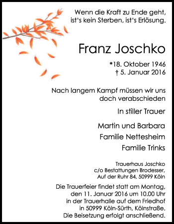 Anzeige von Franz Joschko von Kölner Stadt-Anzeiger / Kölnische Rundschau / Express