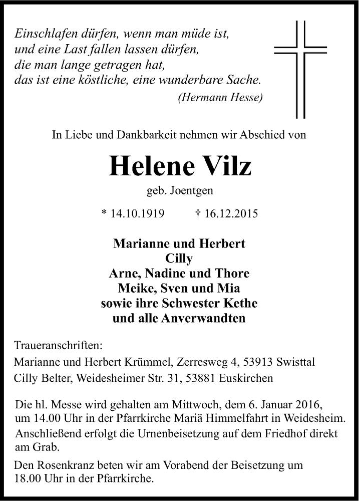  Traueranzeige für Helene Vilz vom 02.01.2016 aus Kölner Stadt-Anzeiger / Kölnische Rundschau / Express
