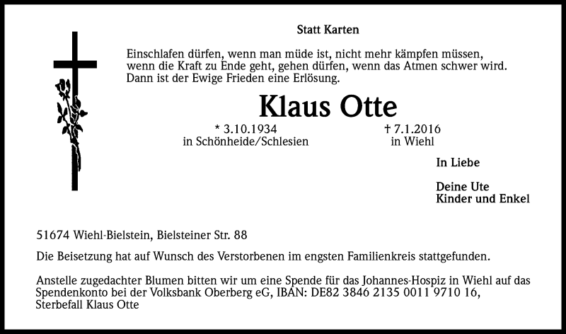  Traueranzeige für Klaus Otte vom 23.01.2016 aus Kölner Stadt-Anzeiger / Kölnische Rundschau / Express