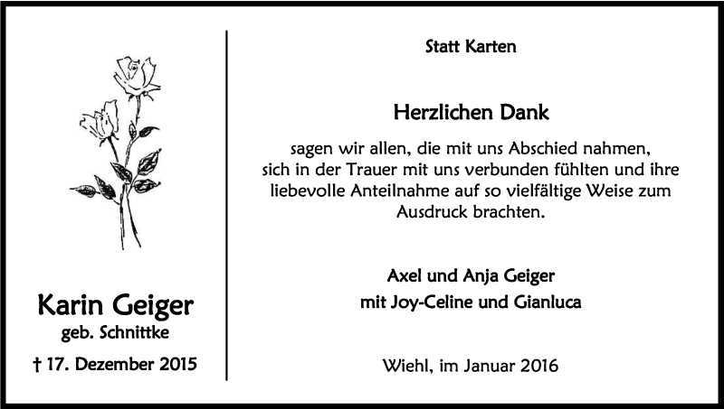  Traueranzeige für Karin Geiger vom 23.01.2016 aus Kölner Stadt-Anzeiger / Kölnische Rundschau / Express