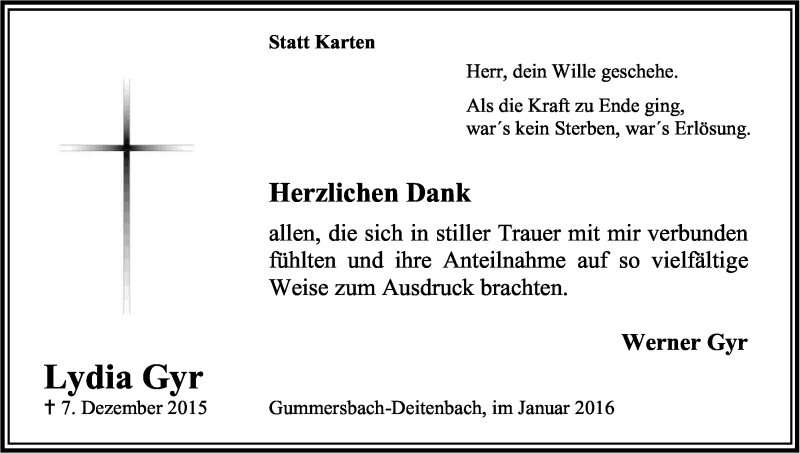  Traueranzeige für Lydia Gyr vom 16.01.2016 aus Kölner Stadt-Anzeiger / Kölnische Rundschau / Express