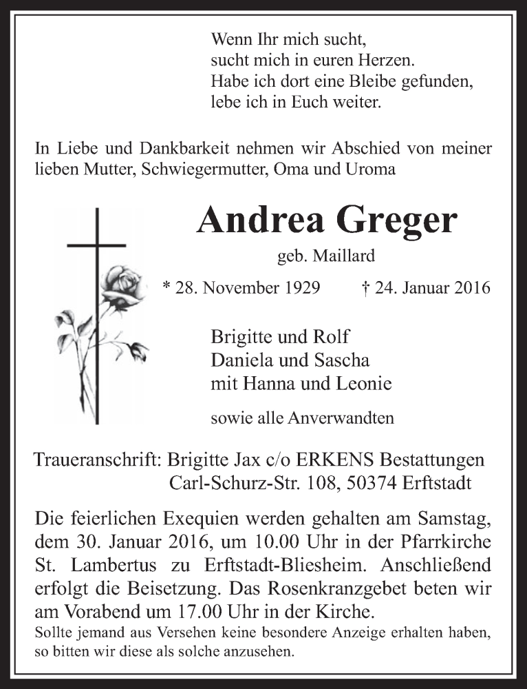  Traueranzeige für Andrea Greger vom 27.01.2016 aus  Werbepost 