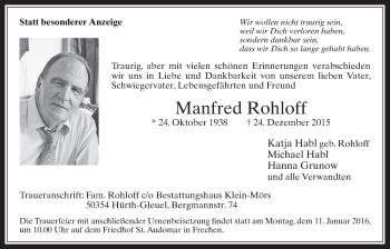 Anzeige von Manfred Rohloff von  Wochenende 
