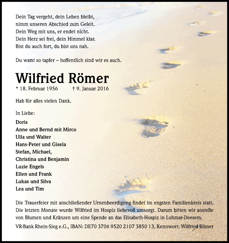  Traueranzeige für Wilfried Römer vom 16.01.2016 aus Kölner Stadt-Anzeiger / Kölnische Rundschau / Express