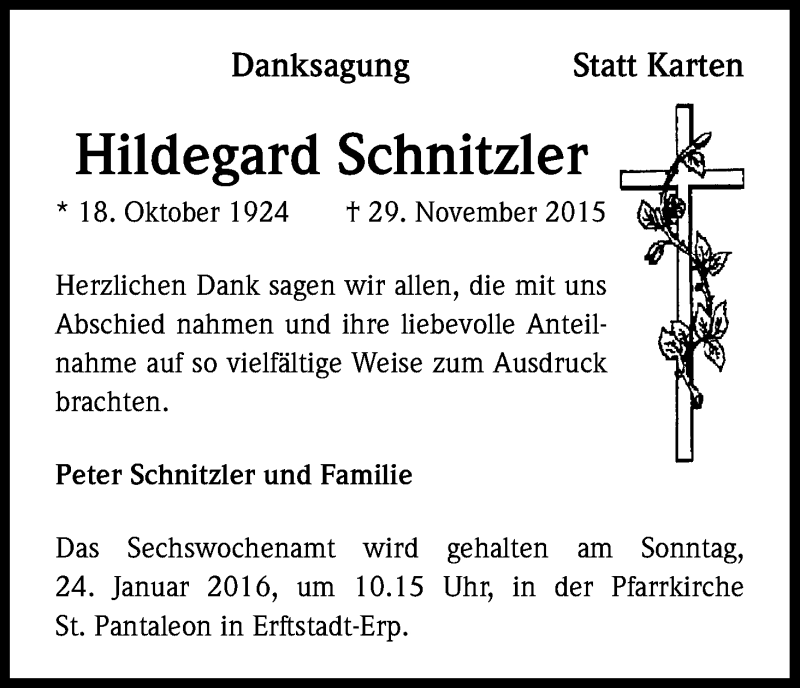  Traueranzeige für Hildegard Schnitzler vom 20.01.2016 aus Kölner Stadt-Anzeiger / Kölnische Rundschau / Express