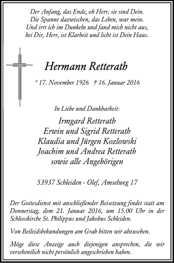Anzeige von Hermann Retterath von Kölner Stadt-Anzeiger / Kölnische Rundschau / Express