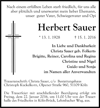 Anzeige von Herbert Sauer von Kölner Stadt-Anzeiger / Kölnische Rundschau / Express