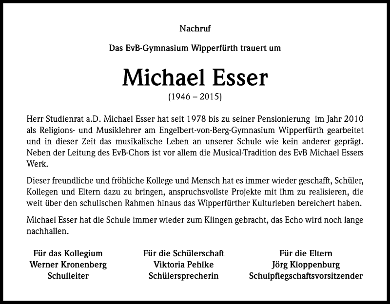  Traueranzeige für Michael Esser vom 02.01.2016 aus Kölner Stadt-Anzeiger / Kölnische Rundschau / Express